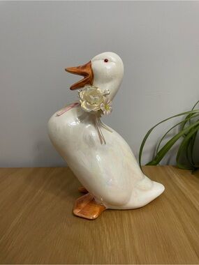 Vintage Ceramic Lustreware Kitchen Goose Figurine with Flower Ribbon Accent